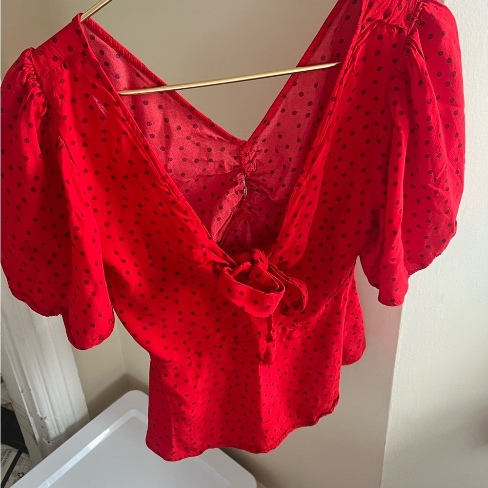 a new day romantic cottage vibrant Red and Black Polka Dot Blouse XS - Picture 12 of 12